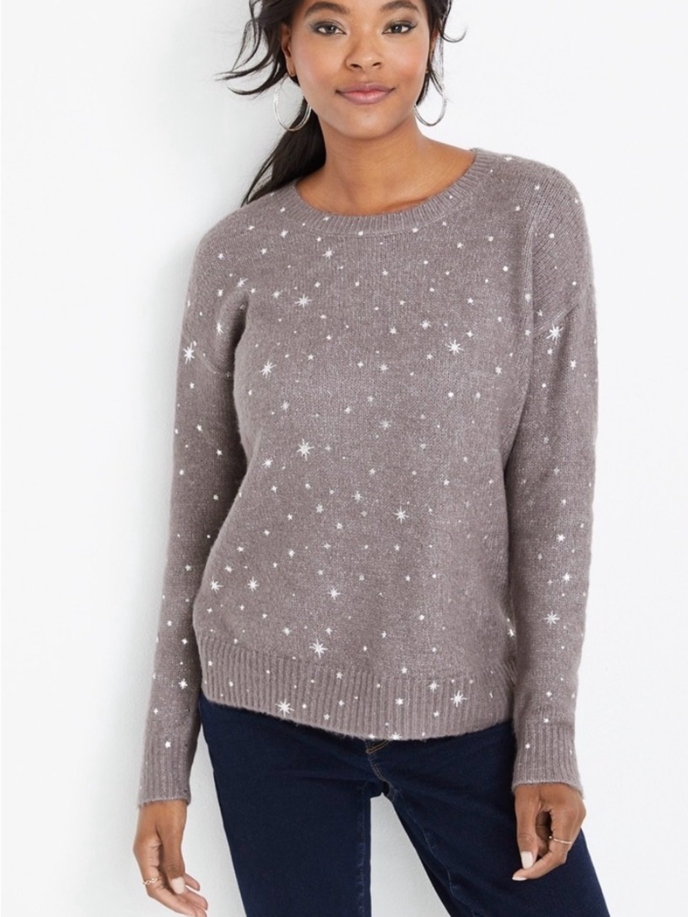 Maurices Gray Knit Pullover Sweater with Silver Metallic Stars